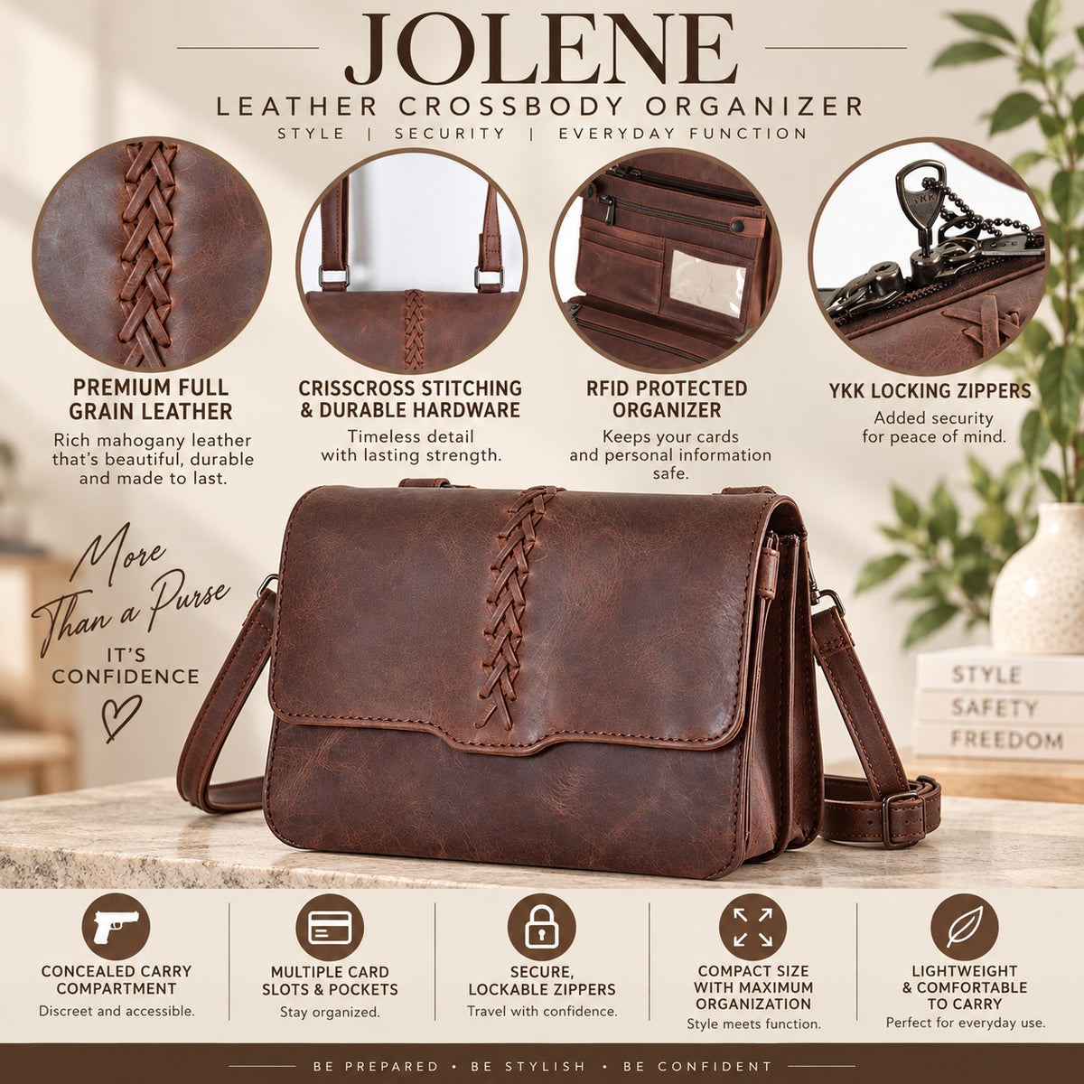 A brown leather crossbody organizer bag by Jolene, shown on a tabletop with surrounding feature callouts and text describing its materials, stitching, RFID protection, zippers, compartments, and overall style. This is not a plain studio product shot because the image is a designed marketing graphic with multiple inset detail circles and informational text, but it is still centered on the product rather than being an instruction diagram or measurement chart.