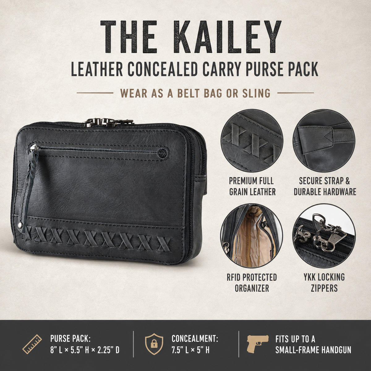 Black leather concealed carry purse pack labeled 'The Kailey' on a light textured background, with feature callouts and dimensions shown around the product.