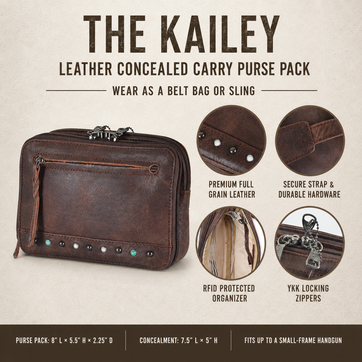 The Kailey leather concealed carry purse pack in dark brown, shown on a beige background with product features and specifications highlighted in text and circular detail insets.