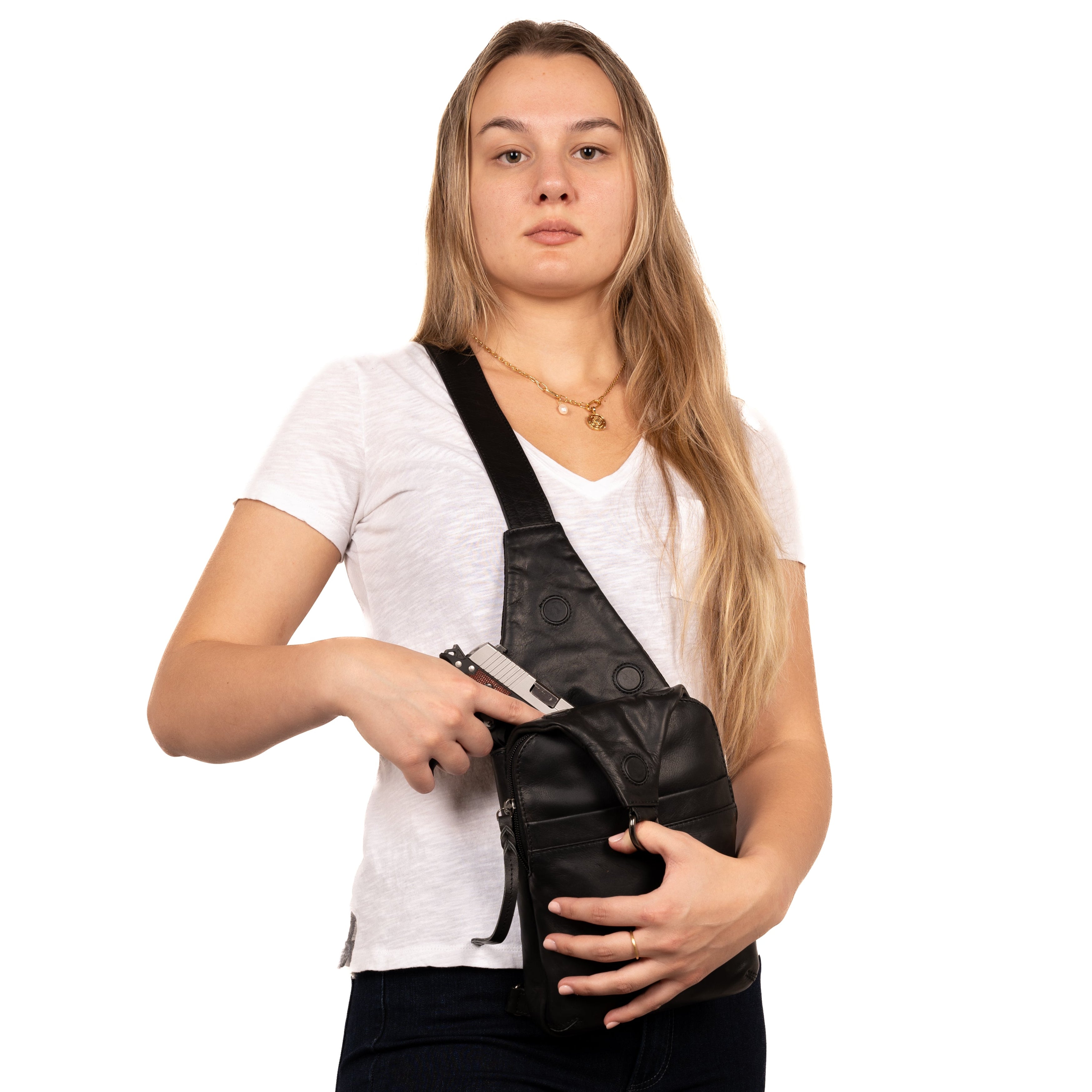 Concealed Carry Unisex Dakota Leather Sling by Lady Conceal - Magnetic Firearm Bag - Fast Draw CCW bag -  Universal Holster Pistol Sling - Unisex Gun Leather Backpack - Anti-Theft Gun Bag with Locking Zippers