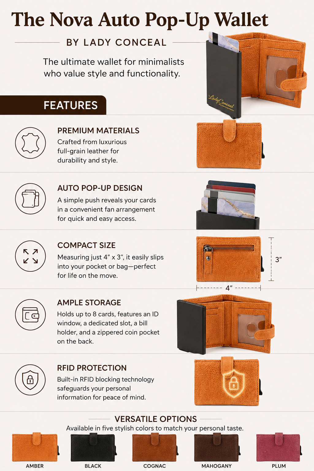 RFID Leather Wallet by Lady Conceal – Nova Pop-Up Style with 8-Card Capacity, Coin Pouch, ID Slot – Wholesale Ready