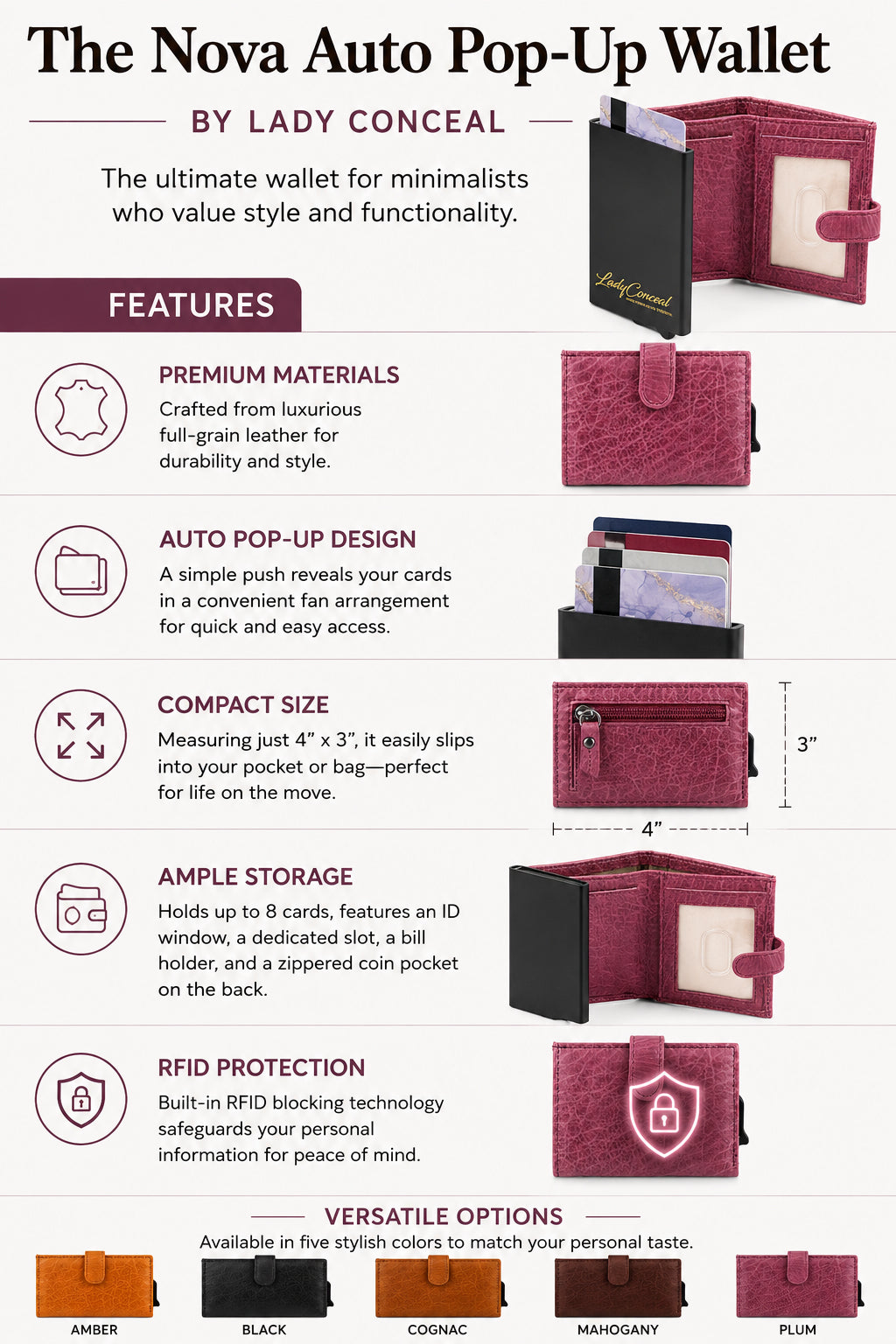 RFID Leather Wallet by Lady Conceal – Nova Pop-Up Style with 8-Card Capacity, Coin Pouch, ID Slot – Wholesale Ready