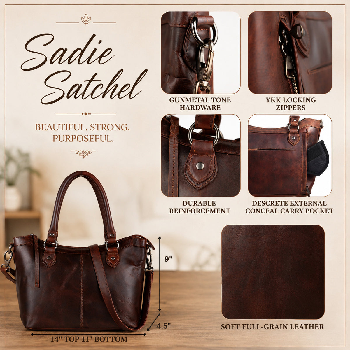 A promotional product graphic for a brown leather handbag labeled 'Sadie Satchel,' showing the bag itself, close-up detail photos of hardware and construction, dimensions, and a leather swatch on a beige background.