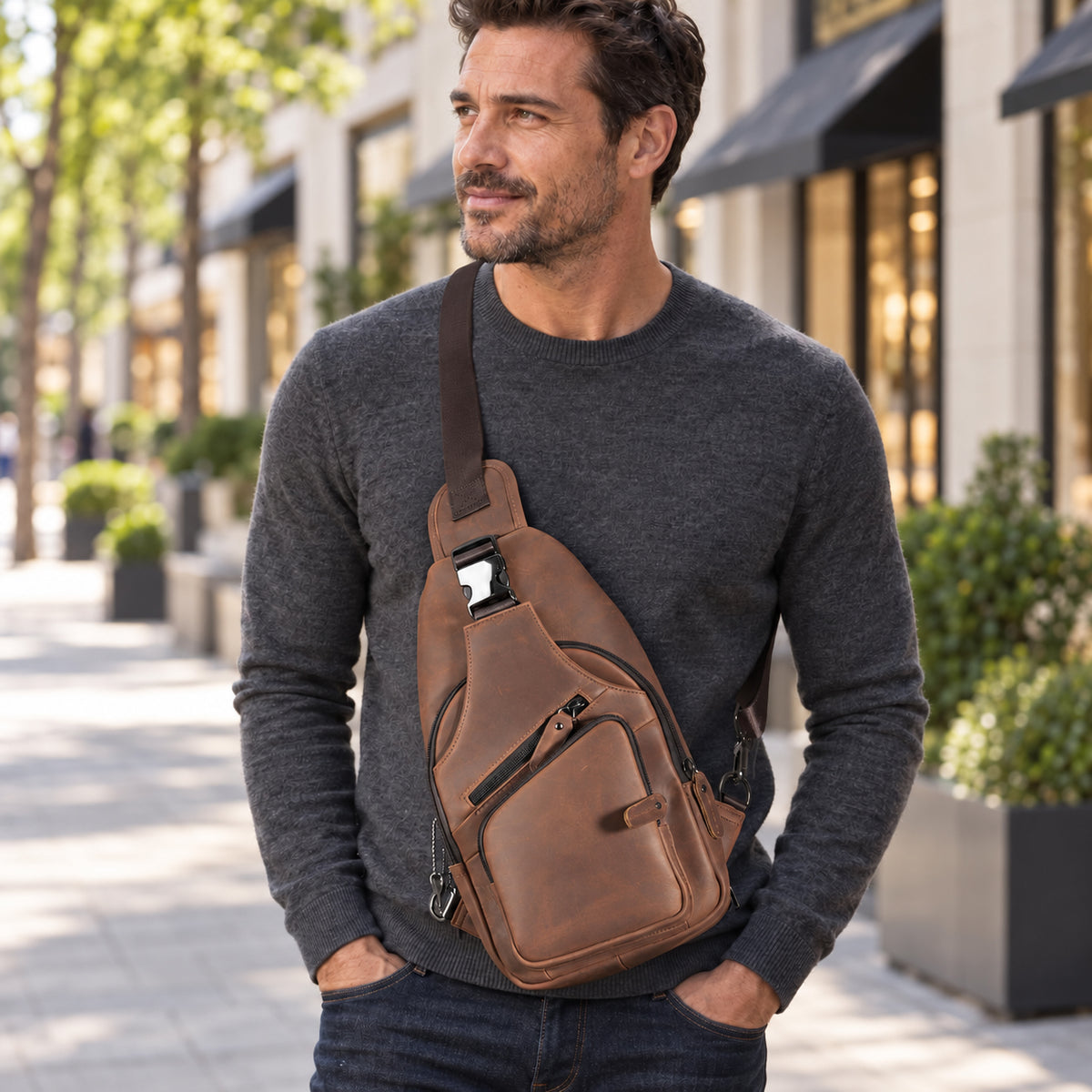 A man wearing a dark gray crewneck sweater and jeans carries a brown leather crossbody sling bag with multiple zippered pockets on a sunny city sidewalk. Xander concealed carry leather sling, DS Conceal crossbody bag with secure buckle and universal holster